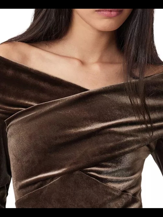 All Saints Tops - NWT All Saints Brown Velvet Off-Shoulder Top Long Sleeve Blouse Asymmetrical 6
